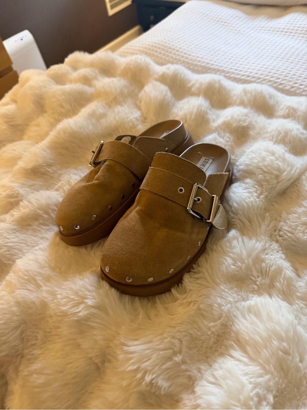 Steve Madden Suede Buckle Clog Mules in Tan Brown